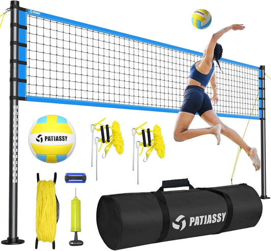 32FT Outdoor Portable Volleyball Net Set System for Backyard - Quick & Easy Setup Adjustable Height Steel Poles, PU Volleyball, Pump and Carrying Bag